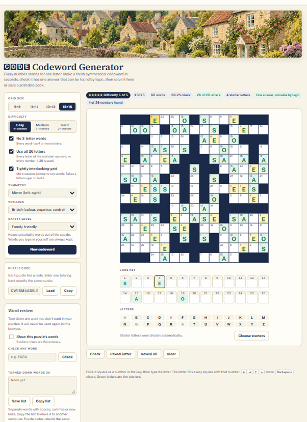 Screenshot of the Codeword maker in Pip Nash Puzzle Studio