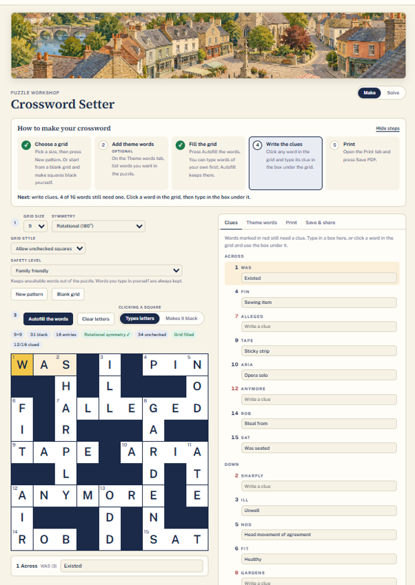 Screenshot of the Crossword Setter maker in Pip Nash Puzzle Studio