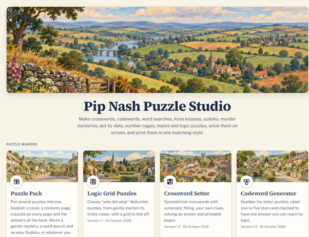 Pip Nash Puzzle Studio home screen showing illustrated East Devon scenery and a gallery of puzzle creators