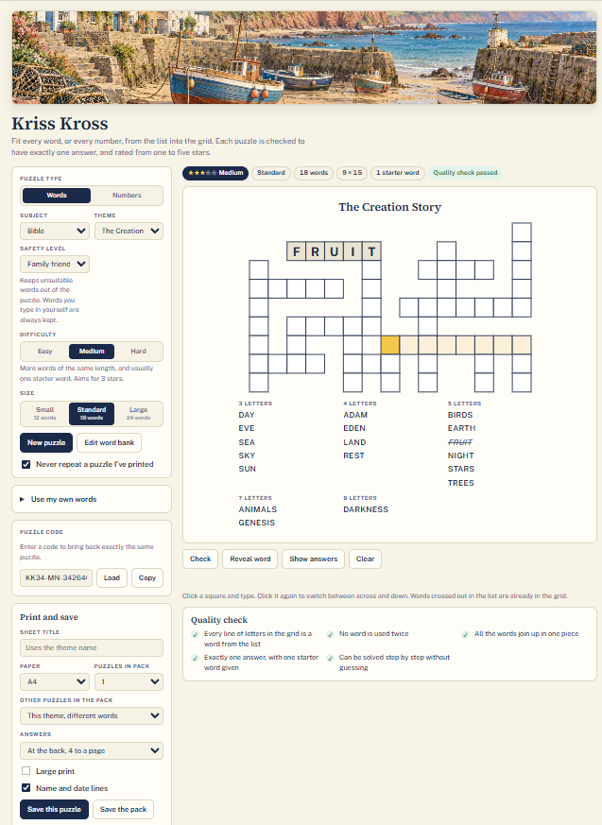 Screenshot of the Kriss Kross maker in Pip Nash Puzzle Studio
