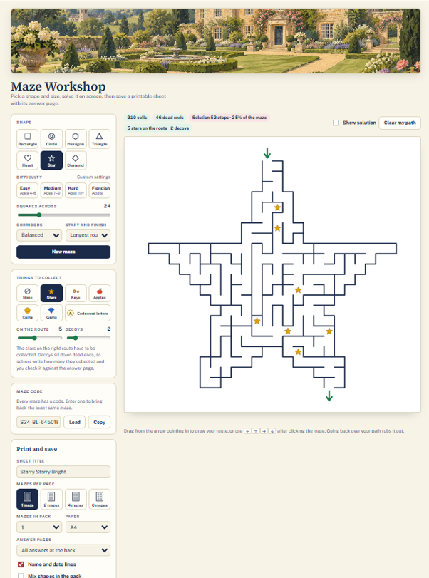 Screenshot of the Maze Workshop maker in Pip Nash Puzzle Studio