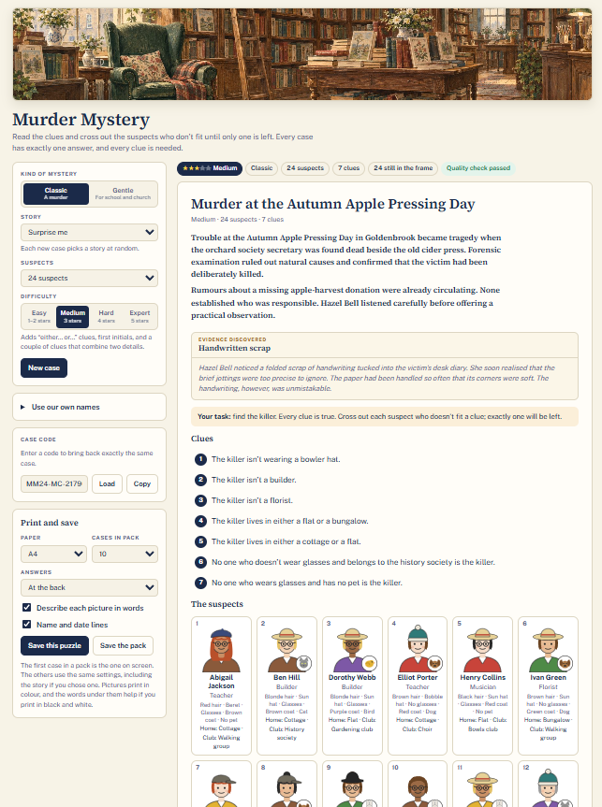 Screenshot of the Murder Mystery maker in Pip Nash Puzzle Studio