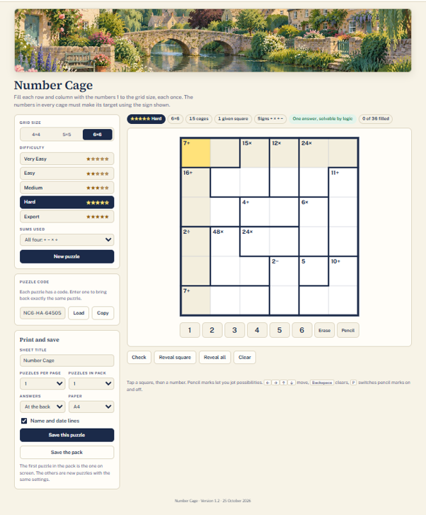 Screenshot of the Number Cage maker in Pip Nash Puzzle Studio