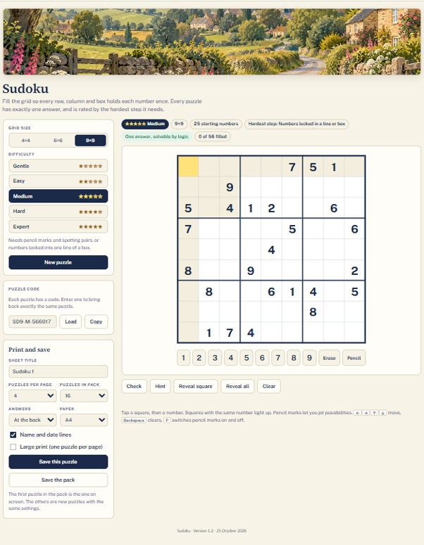 Screenshot of the Sudoku maker in Pip Nash Puzzle Studio