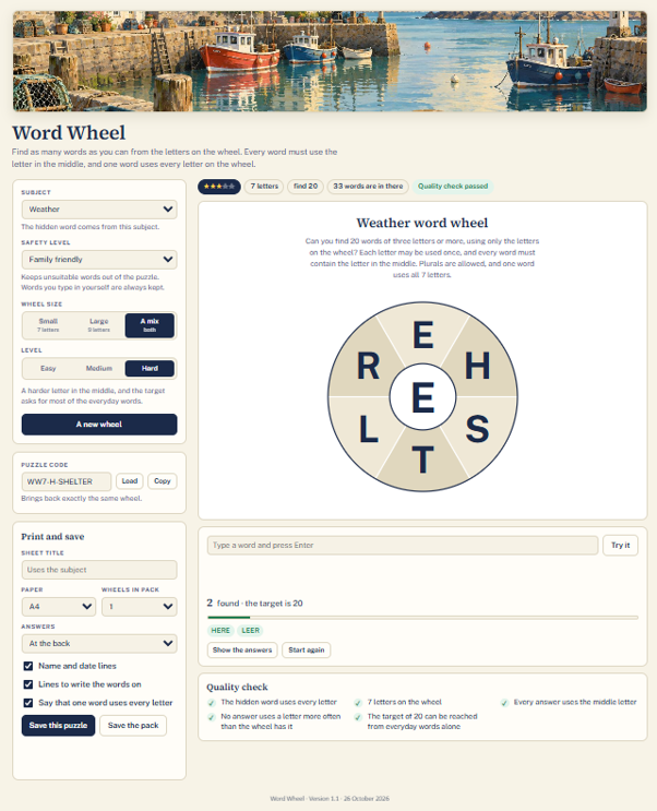 Screenshot of the Word Wheel maker in Pip Nash Puzzle Studio