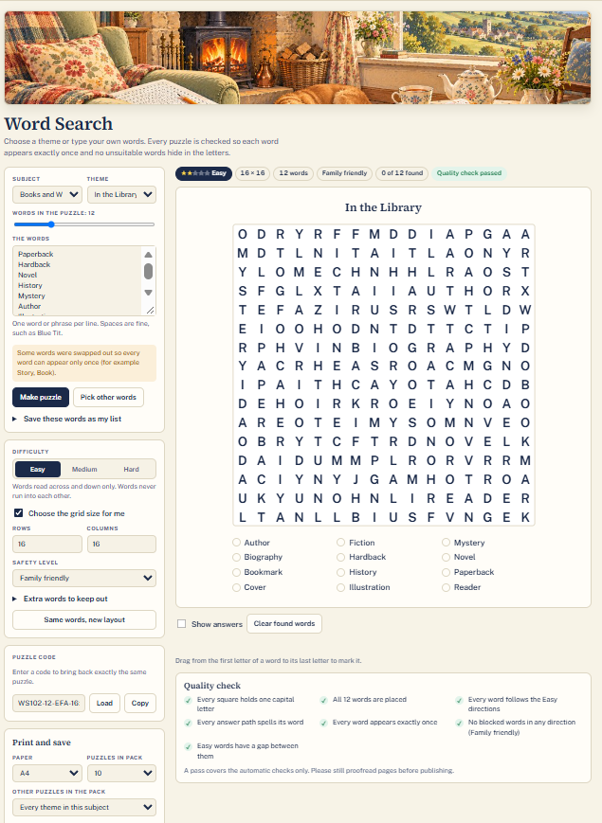 Screenshot of the Word Search maker in Pip Nash Puzzle Studio
